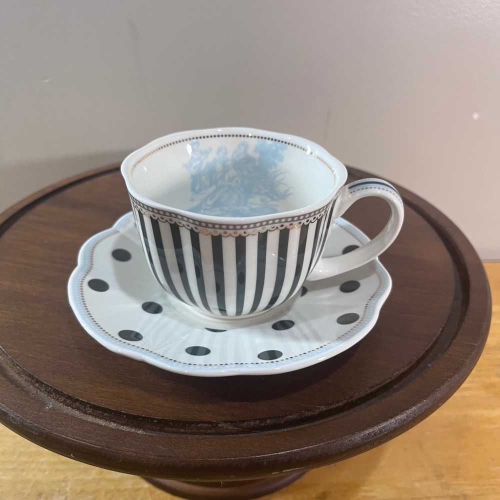 Grace's Teaware Tea Cup Saucer Set Black White Striped Polka Dot Blue Toile Vtg